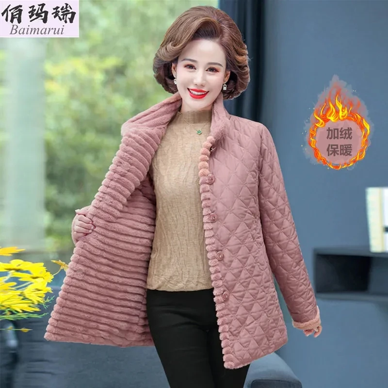 

Middle-Aged Mother 2024 New Winter Cotton Jacket Add Velvet Add Thick Keep Warm Parker Overcoat Fashion Elegant Women's Coat