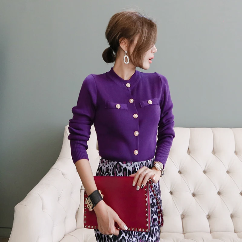 Long Sleeve Korean Slim splice Thin Cardigan Knit Sweater Female Autumn 2019 fashion Purple Round Neck women Sweater a085
Long Sleeve Korean Slim splice Thin Cardigan Knit Sweater Female Autumn 2019 fashion Purple Round Neck women Sweater a085
