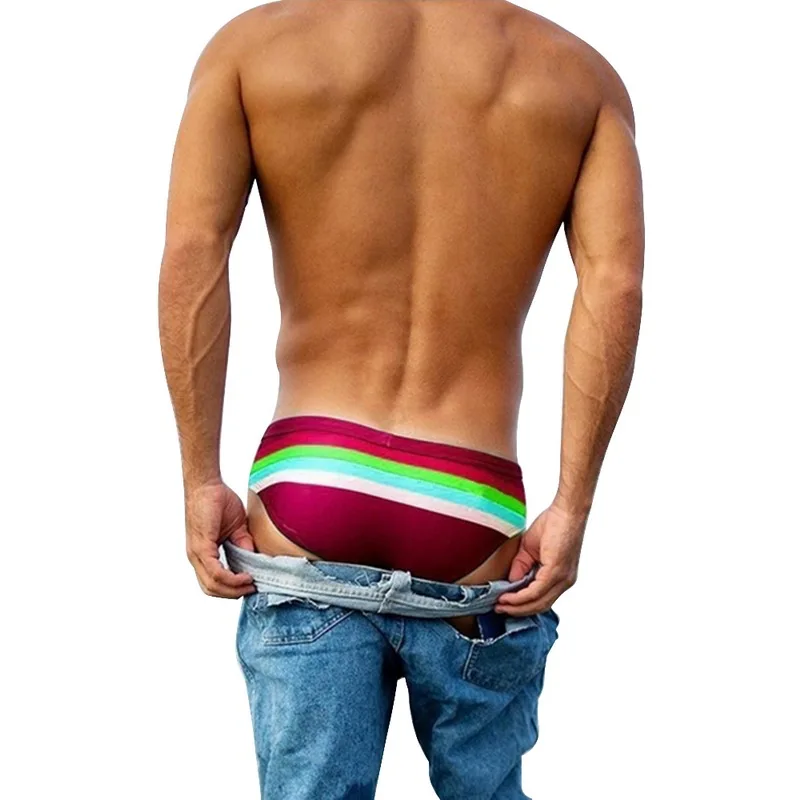 2020 Mens Triangular Swimwear Low Rise Sexy Pouch Male Swimming Briefs Board Stripe Shorts Swimsuit Man Surf Swim Beach Shorts