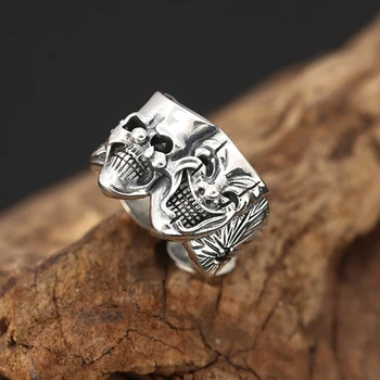 S925 silver personality domineering double-sided skull opening ring Thai silver hipster retro clown index ring