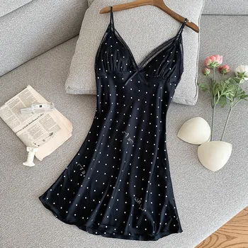 Lace Print Dot Nightdress Home Clothing SATIN Sexy Sleepwear Intimate Lingerie Female Black Nightgown Mini Homewear Negligee 
Lace Print Dot Nightdress Home Clothing SATIN Sexy Sleepwear Intimate Lingerie Female Black Nightgown Mini Homewear Negligee