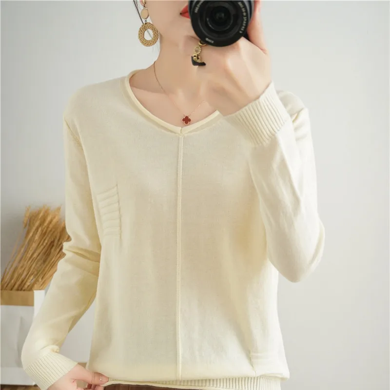 

Autumn New Style 100% Pure Cotton Sweater Knitting Women's Bottoming Shirt Long-Sleeved Soft And Loose KoreanRound Neck Pullover