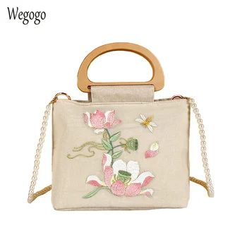 Vintage Women Linen Bag Hemp Organza Embroidered Flower Handbag Handmade Antique Fairy Wooden Handle Totes 
Vintage Women Linen Bag Hemp Organza Embroidered Flower Handbag Handmade Antique Fairy Wooden Handle Totes