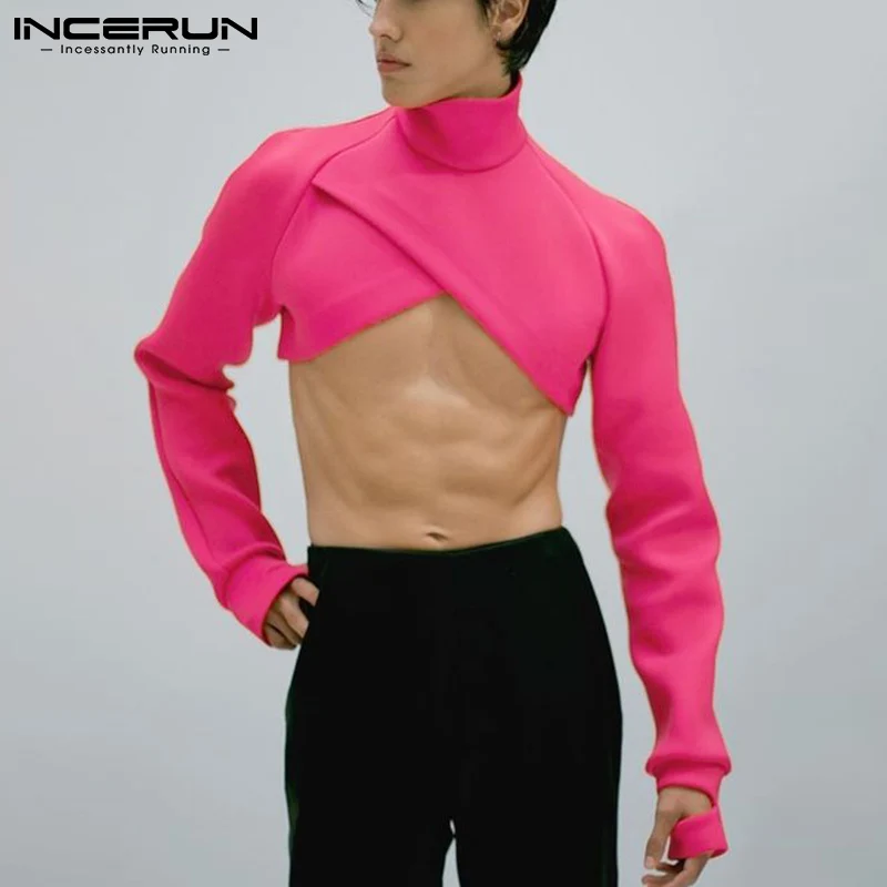 

Fashion Men Crop Tops Solid Turtleneck Long Sleeve Sexy Casual Irregular Tops Streetwear 2023 Undershirt Camisetas INCERUN 5XL 7