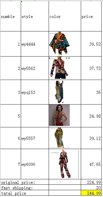 special link custom clothes 6 pieces $224.99,add $20 fast shipping,so the last price is $244.99
special link custom clothes 6 pieces $224.99,add $20 fast shipping,so the last price is $244.99