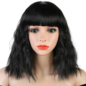 

MANWEI Short Wavy Wig with Bangs Synthetic Wigs for Women Natural Brown Black Hair Ombre Blue Bob Wigs Heat Resistant Fiber