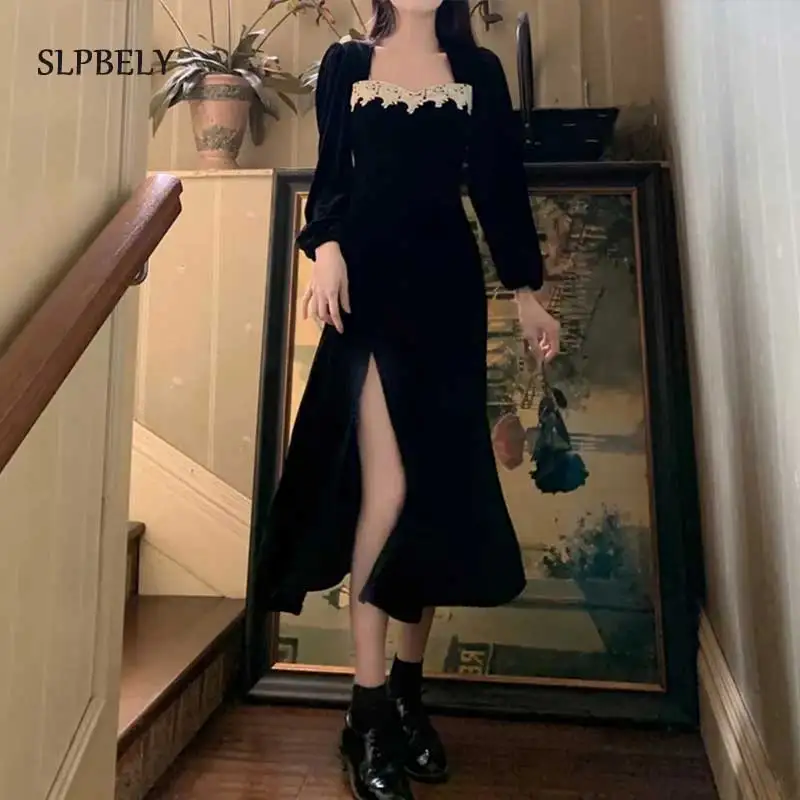 SLPBELY Elegant Retro Lace Black Women Party Dress Autumn Winter Sexy Square Collar Velvet Split Dress New French Hepburn Dress
SLPBELY Elegant Retro Lace Black Women Party Dress Autumn Winter Sexy Square Collar Velvet Split Dress New French Hepburn Dress