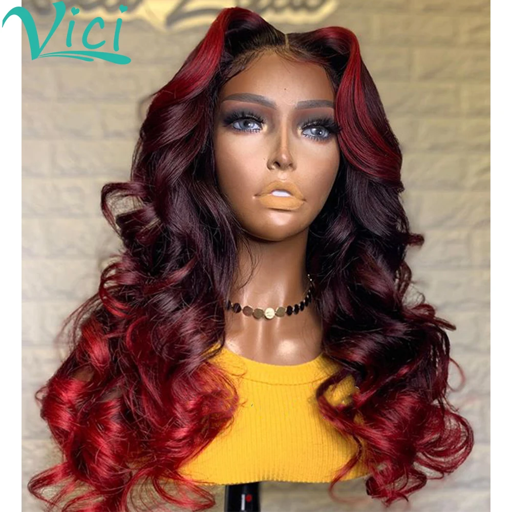 

Burgundy Lace Front Wig Body Wave For Black Women Ombre Human Hair Wig 1B/99J 13x6 Lace Front Wig Pre Plucked Brazilian Remy