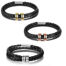 Pulseras de cuero trenzadas personalizadas con 2 cuentas personalizadas grabado nombres negro ID pulseras para novio hombres regalo(China)