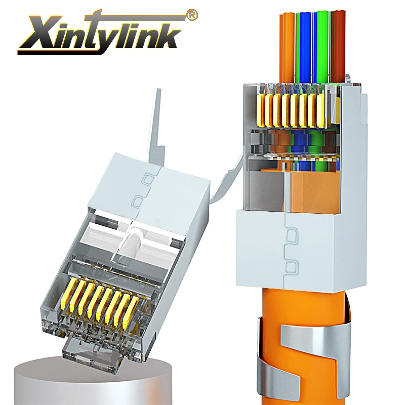 

xintylink new CAT8 CAT7 rj45 connector 50U CAT6A ethernet cable plug network SFTP FTP shielded lan jack pass through have hole