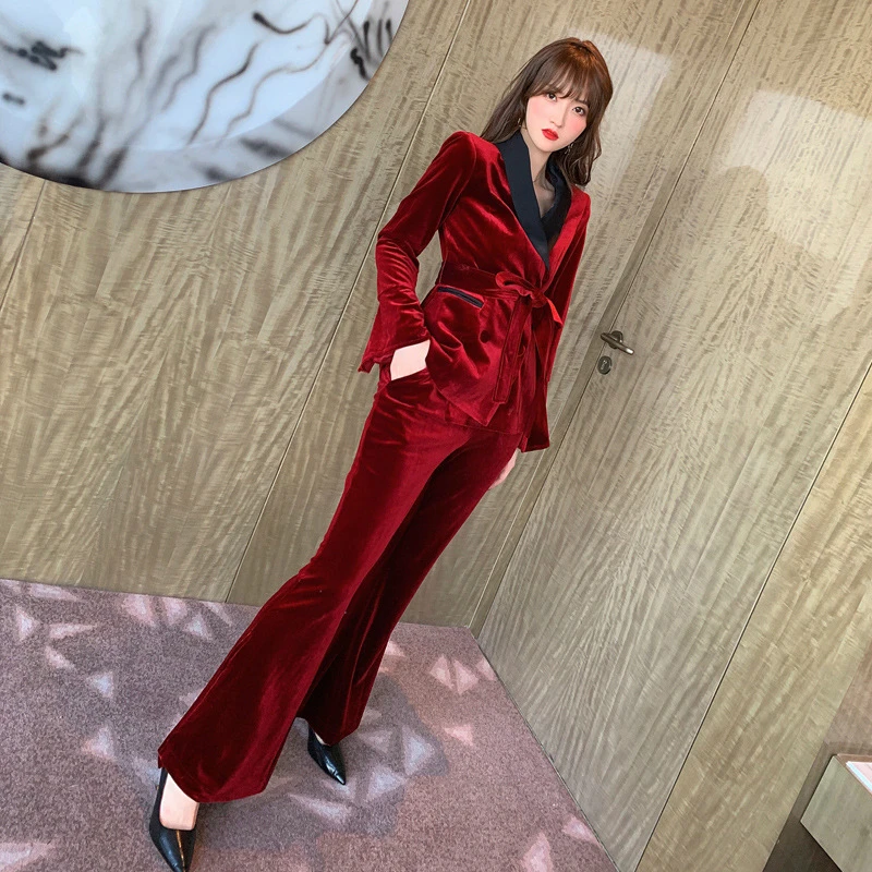 Solid Modis Work Blazer and Flare Pants Women Spring Winter 2 Piece Set Soft Streetwear Office Velvet Two Piece Set for Ladies Solid Modis Work Blazer and Flare Pants Women Spring Winter 2 Piece Set Soft Streetwear Office Velvet Two Piece Set for Ladies