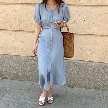 Blue Elegant V-neck Single-breasted Waist Slim Dress
Blue Elegant V-neck Single-breasted Waist Slim Dress