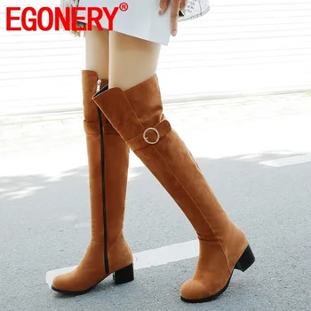 

EGONERY winter new concise over knee boots outside comfortable mid heels round toe flock women shoes drop shipping size 32-43