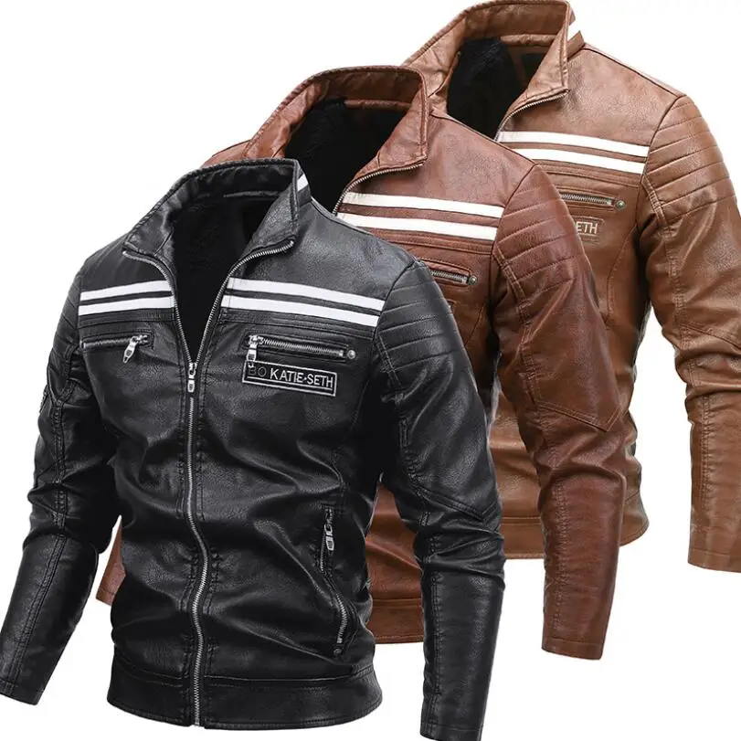 

2021 Leather Jacket Men Winter Fleece Motorcycle Pu Leahter Jacket Male Stand Collar Casual Windbreaker Slim Biker Coat w2381