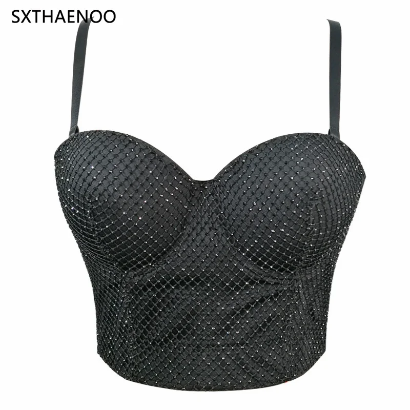 

SXTHAENOO New Fashion High Street Chest Padded Vest Beading Rhinestone Sexy Sleeveless Bustier Crop Tops Women Party Clothings