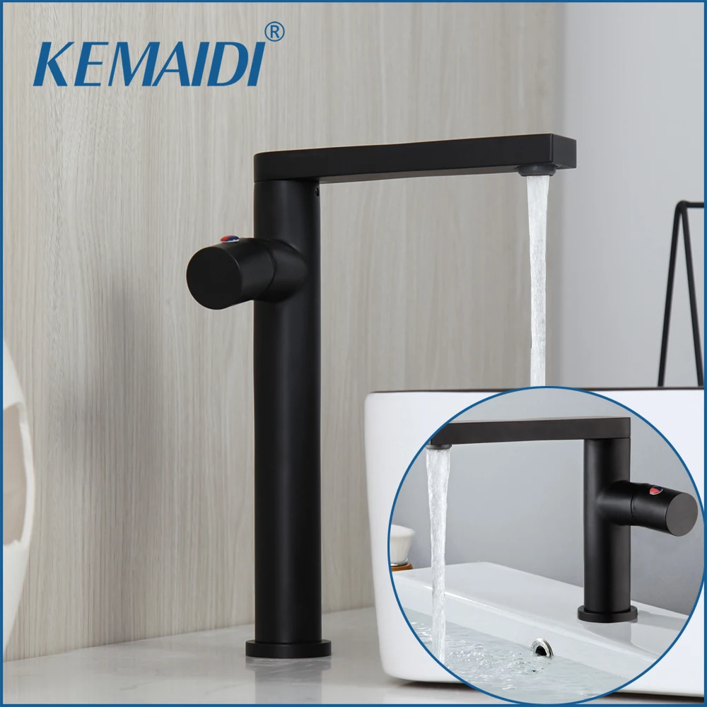 

KEMAIDI Matte Black Bathroom Basin Faucet Deck Mounted Vessel Sinks Faucets Waterfall Mixer Hot Cold Water Tap