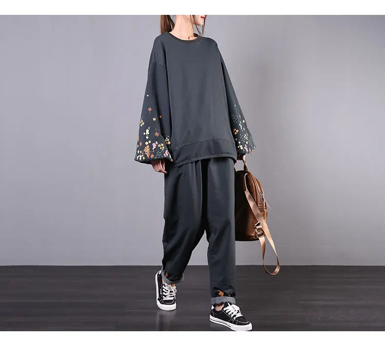 2020 female new spring korean style plus size literary retro lantern sleeves casual fashion floral loose suit