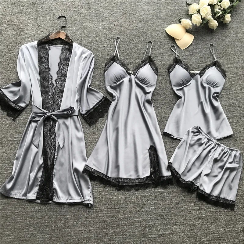 High Grade Silk Pajamas for Women Sexy Lace Nightwear Satin Pajamas with Shorts 4-Piece Sleepwear Suits Casual Home Clothes 
High Grade Silk Pajamas for Women Sexy Lace Nightwear Satin Pajamas with Shorts 4-Piece Sleepwear Suits Casual Home Clothes