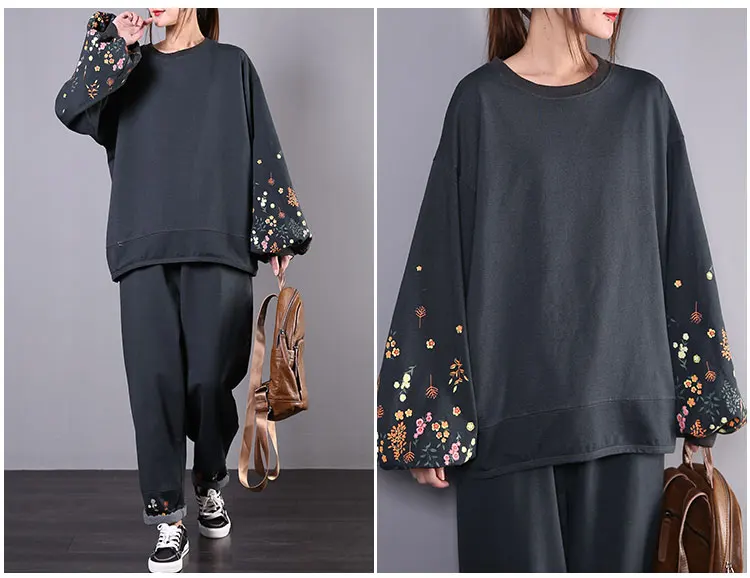 2020 female new spring korean style plus size literary retro lantern sleeves casual fashion floral loose suit