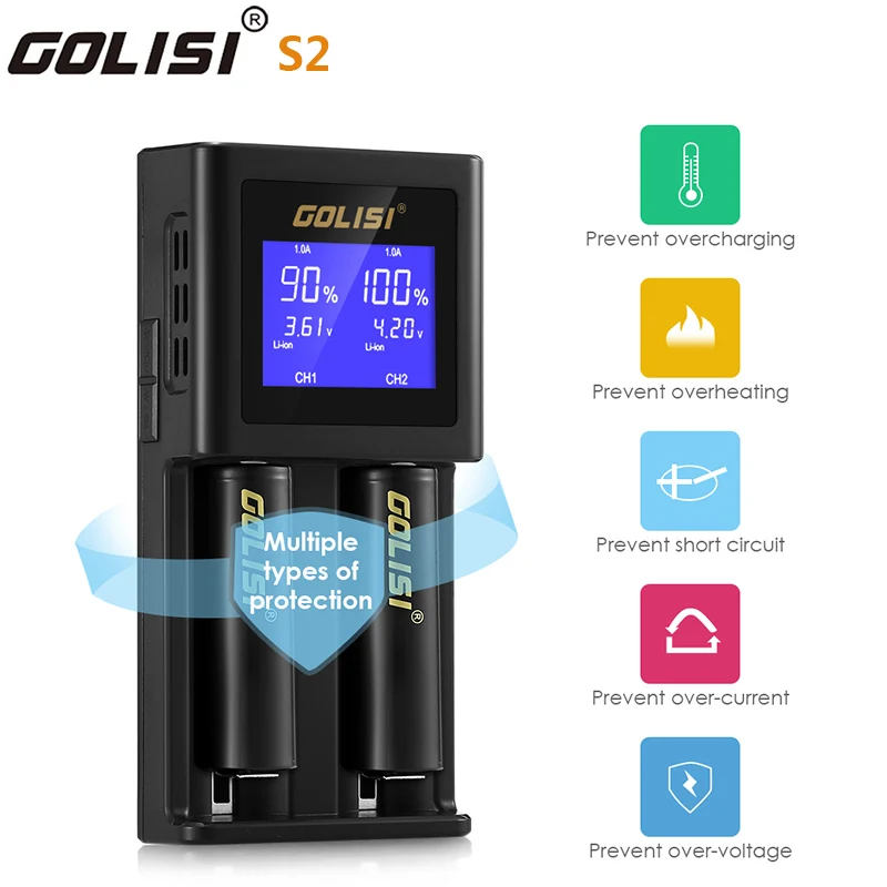 Оригинальный GOLISI S2 2.0A смарт зарядное устройство LCD для 18650 20700 26650 Li Ion Ni MH Cd AA AAA