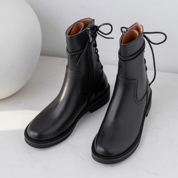 Genuine Cow Leather Lace-up Ankle Black Boots Shoes For Women High Heels Winter Lace-up Riding Footwear Boots Retro Handmade 
Genuine Cow Leather Lace-up Ankle Black Boots Shoes For Women High Heels Winter Lace-up Riding Footwear Boots Retro Handmade