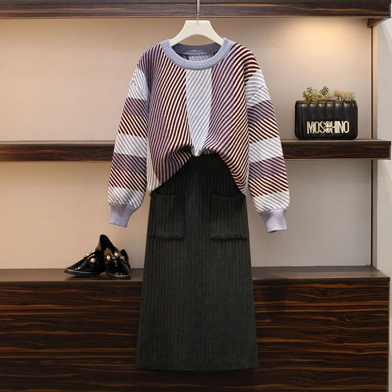 Women Striped Knitted Sweater Pullovers+Pocket Skirts 2 Pieces Sets Casual Sweater Skirts Suits
Women Striped Knitted Sweater Pullovers+Pocket Skirts 2 Pieces Sets Casual Sweater Skirts Suits