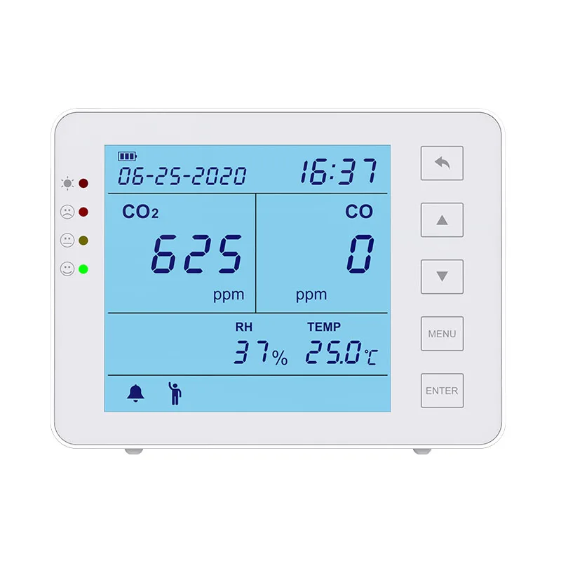 Multi Function Desktop Indoor Air Quality Monitor Temperature Humidity CO2 Meter with CO Alarm for Baby
Multi Function Desktop Indoor Air Quality Monitor Temperature Humidity CO2 Meter with CO Alarm for Baby