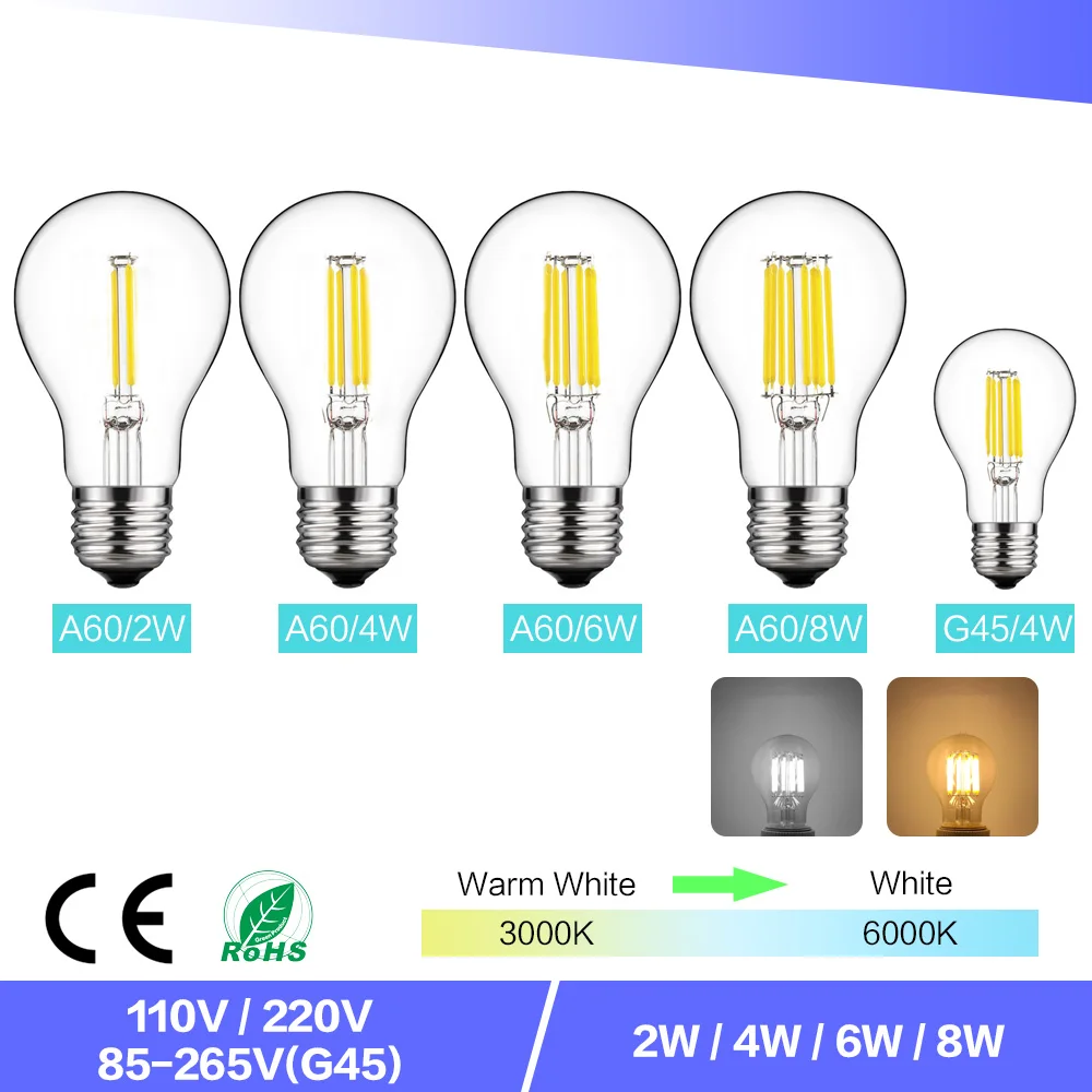 

BRELONG 6 pcs Dimmable A60 G45 Vintage LED Filament Light Bulb E27 COB Bulbs 2/4/6/8 Filaments 220V Replace 20W 40W 60W 80W