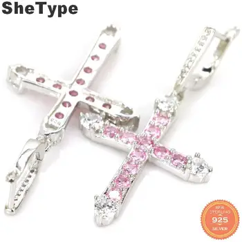 

53x27mm Deluxe 10.3g Long Cross Created Pink Kunzite CZ Gift European Style 925 Solid Sterling Silver Earrings