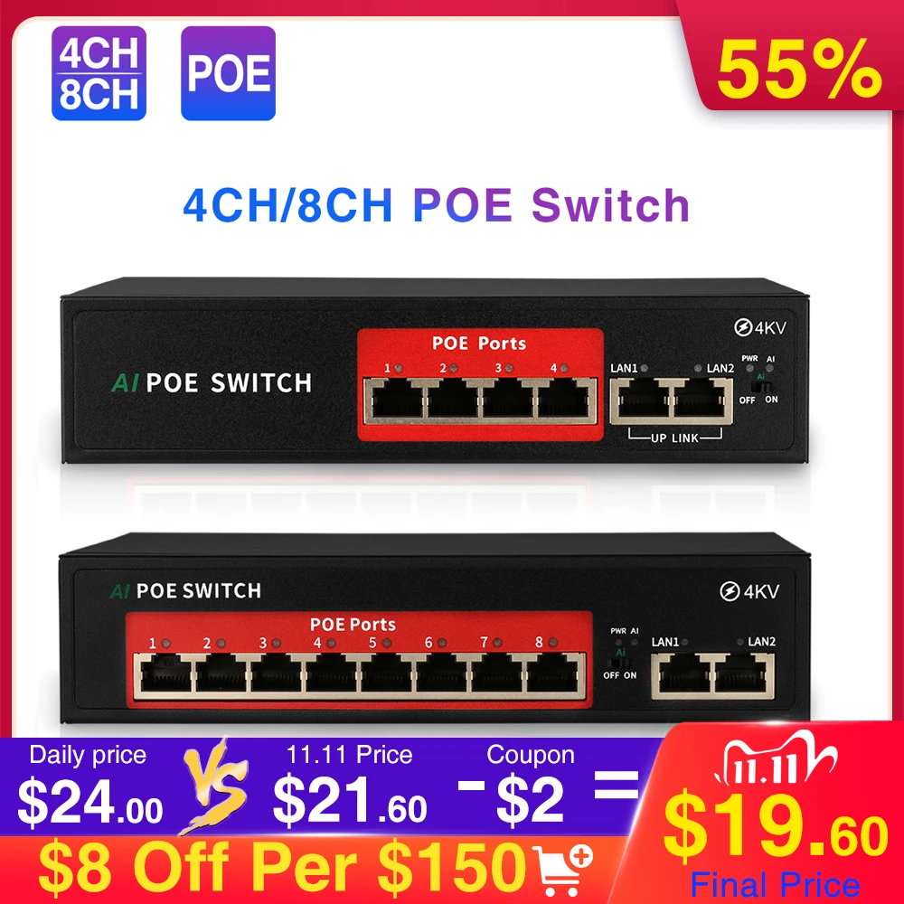 Techage 48V 4CH 8CH Network POE Switch With 10/100Mbps IEEE 802.3 af/at Over Ethernet For IP Wireless AP CCTV Camera System
Techage 48V 4CH 8CH Network POE Switch With 10/100Mbps IEEE 802.3 af/at Over Ethernet For IP Wireless AP CCTV Camera System