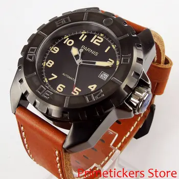 PVD coated case 45mm parnis black dial yellow marks brown leather strap automatic movement mens watch
PVD coated case 45mm parnis black dial yellow marks brown leather strap automatic movement mens watch