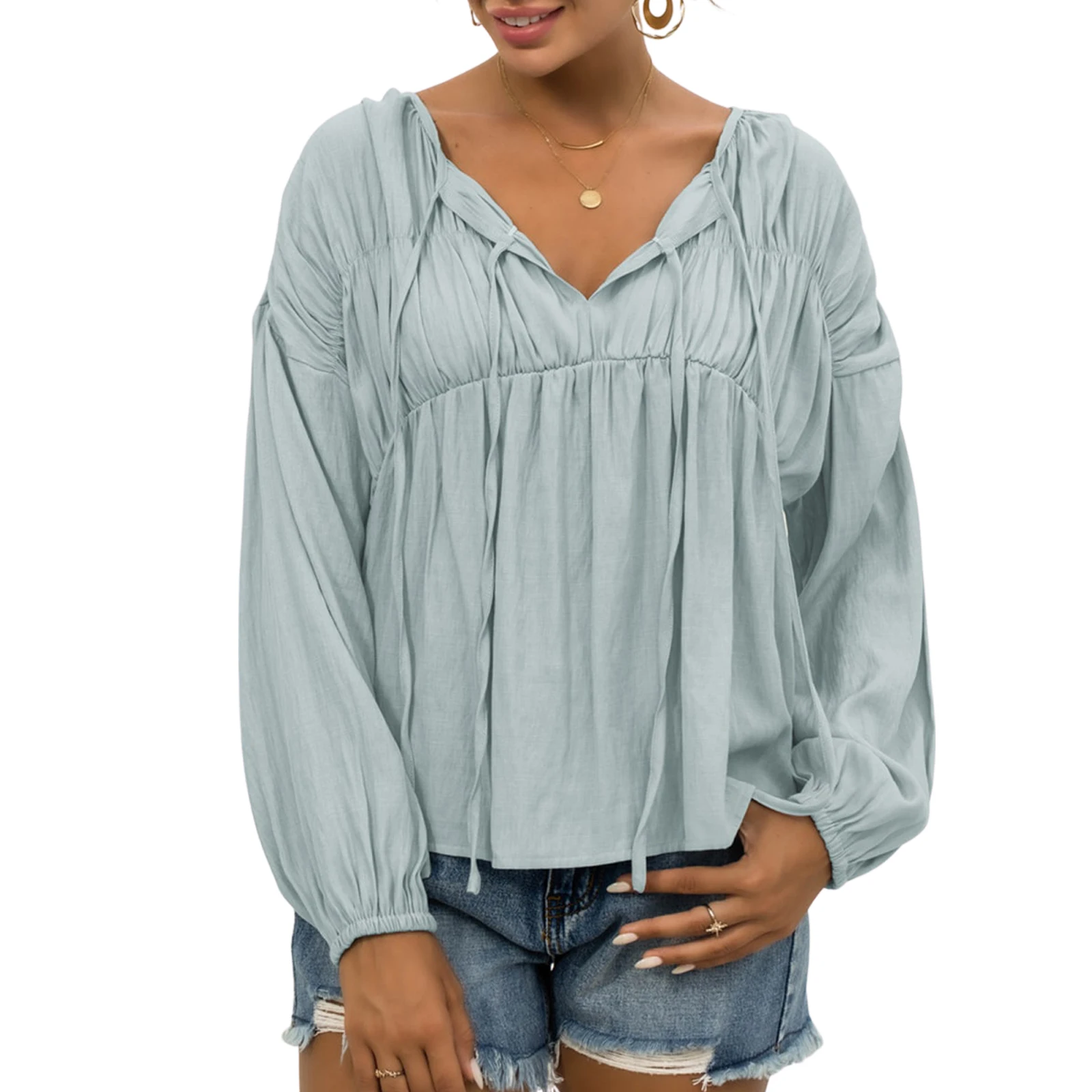 

Women Casual Blouse Tops Solid Color Tied V-Neck Long Puff Sleeves Ruffled Shirt for Ladies OL shirts