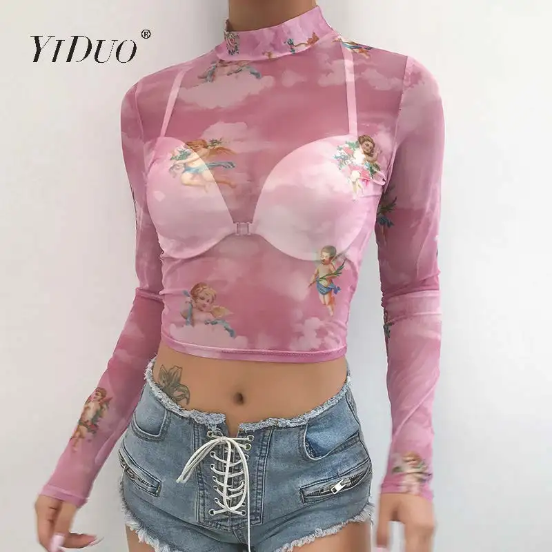 

YiDuo Harajuku chicas Kawaii Angel Pattern Crop superior de manga larga Camiseta ver a través de Sexy malla camisa blusas azul Rosa camiseta Mujer