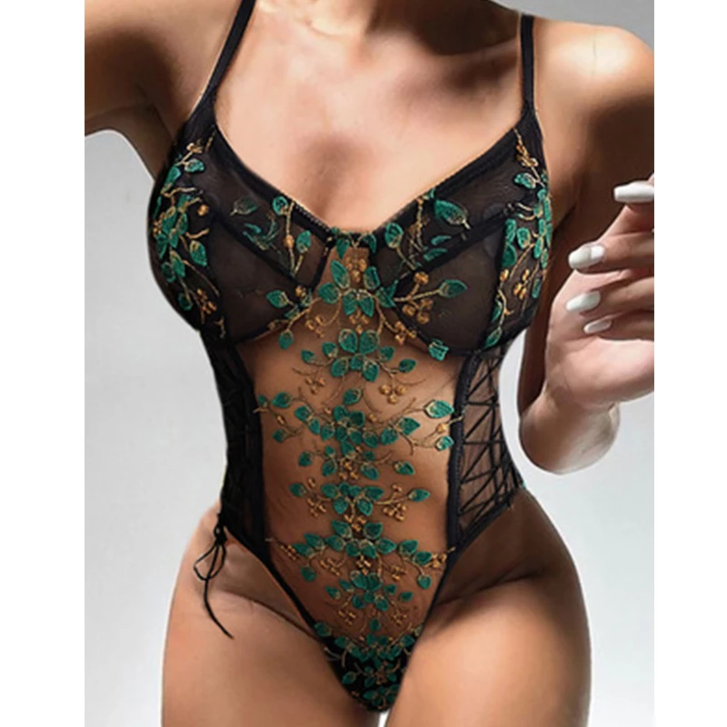 

Floral Embroidered Mesh Bodysuit Sexy Thong Bodysuit Body Tanga Backless Push Up Bodycon Bodysuits Playsuit Leotard Tops