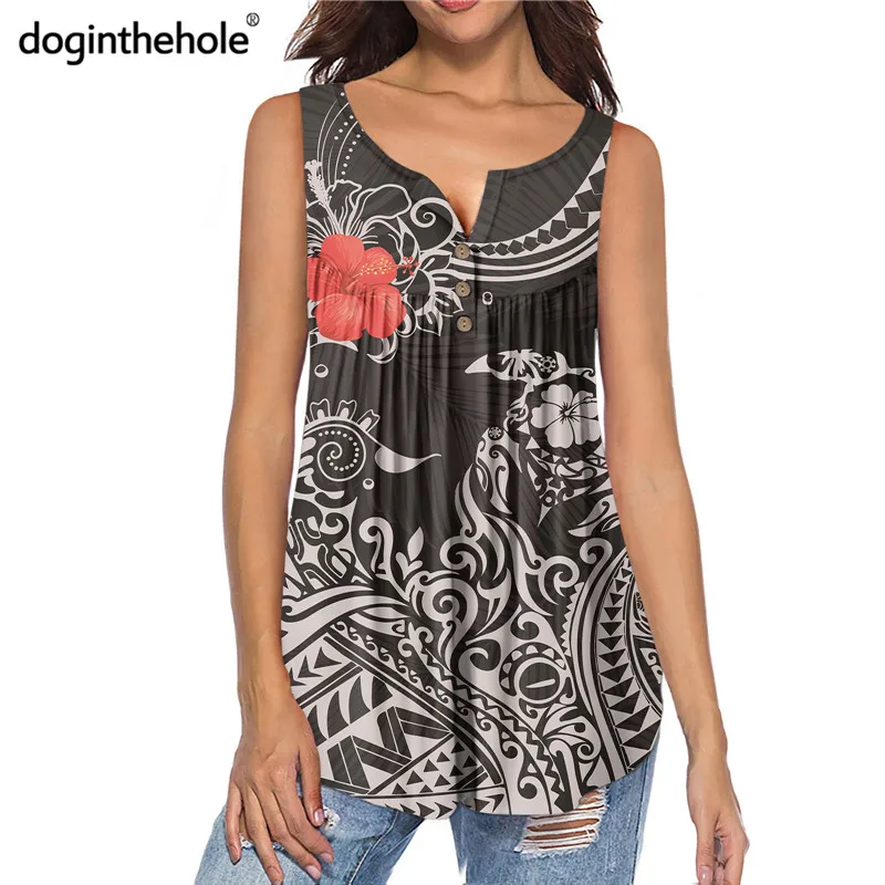 

Doginthehole Brand Design Women Pleated Swing Tunic Tops Polynesian Tribal With Hibiscus Pattern Sleeveless Henley Shirts Mujer