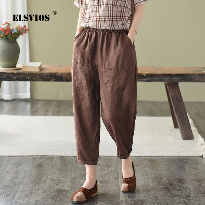 

Cotton Linen Casual Harem Pants Women Vintage Slim Cropped Trousers 2021 Spring Summer New Ladies Elastic Waist Carrot Pants 5XL