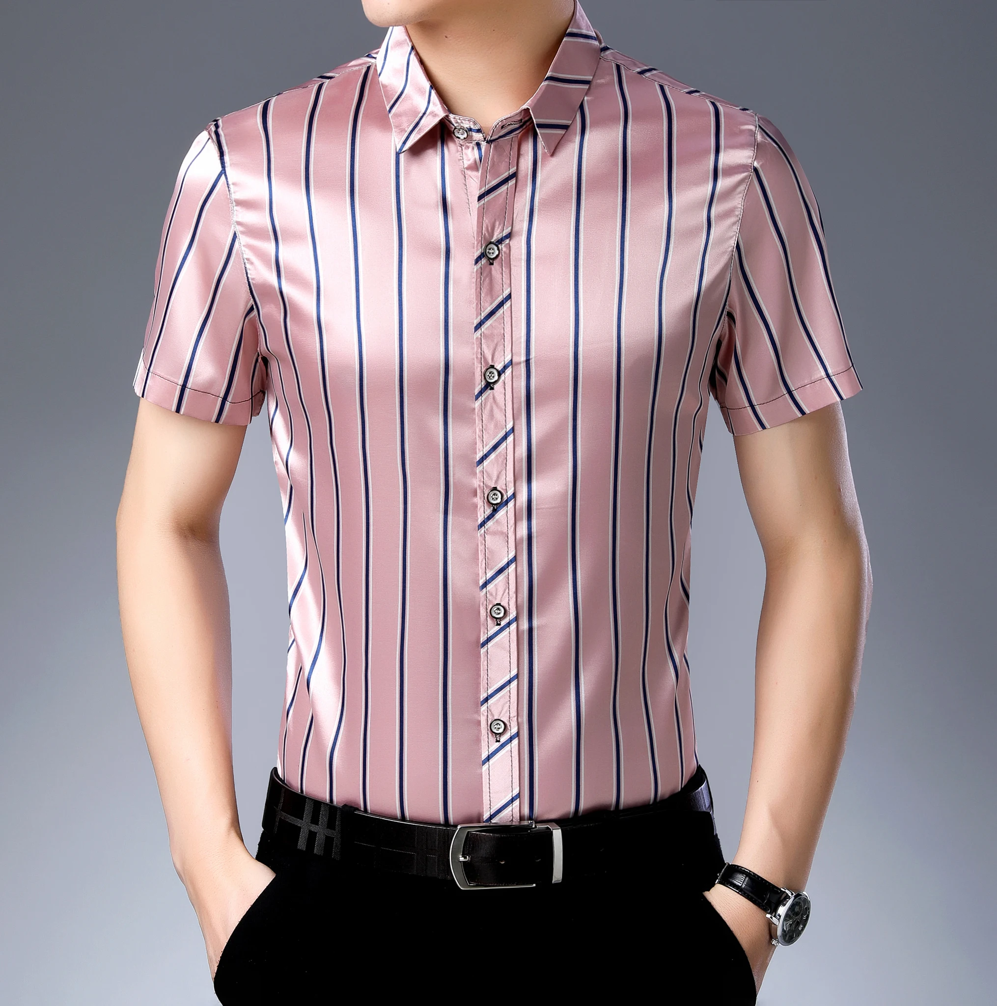 Мужская атласная рубашка в полоску повседневная шелковая Классическая с