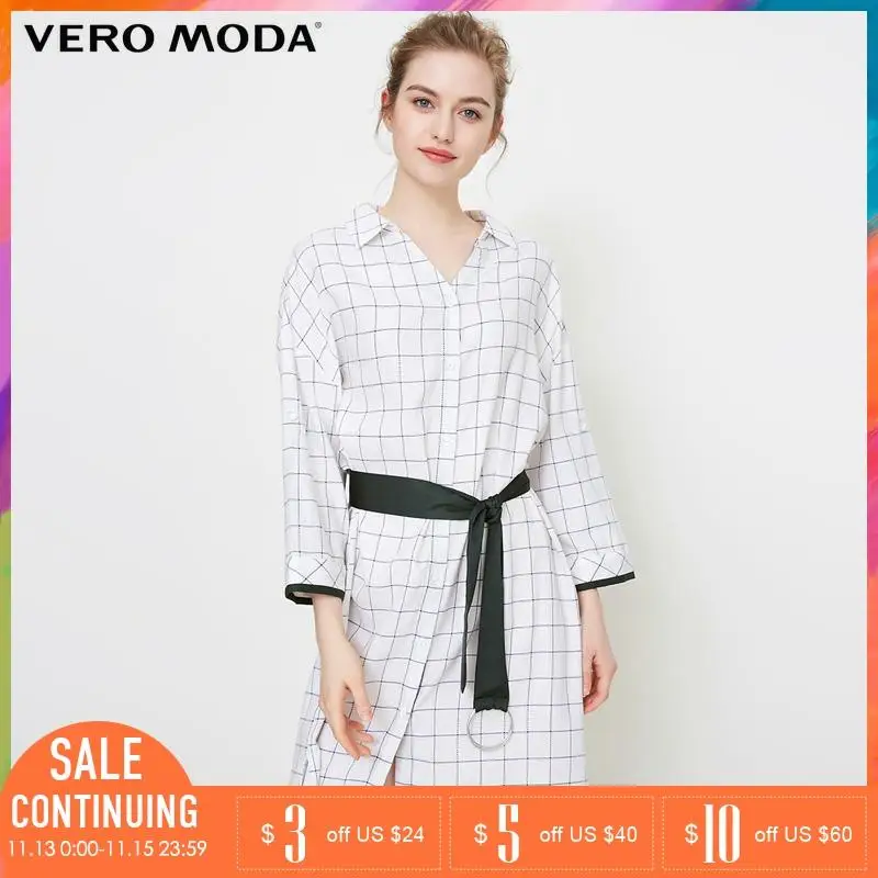 Vero Moda 2019 Spring Summer Dress Women Casual 3/4 Sleeves Plaid Shirt |318231533 |