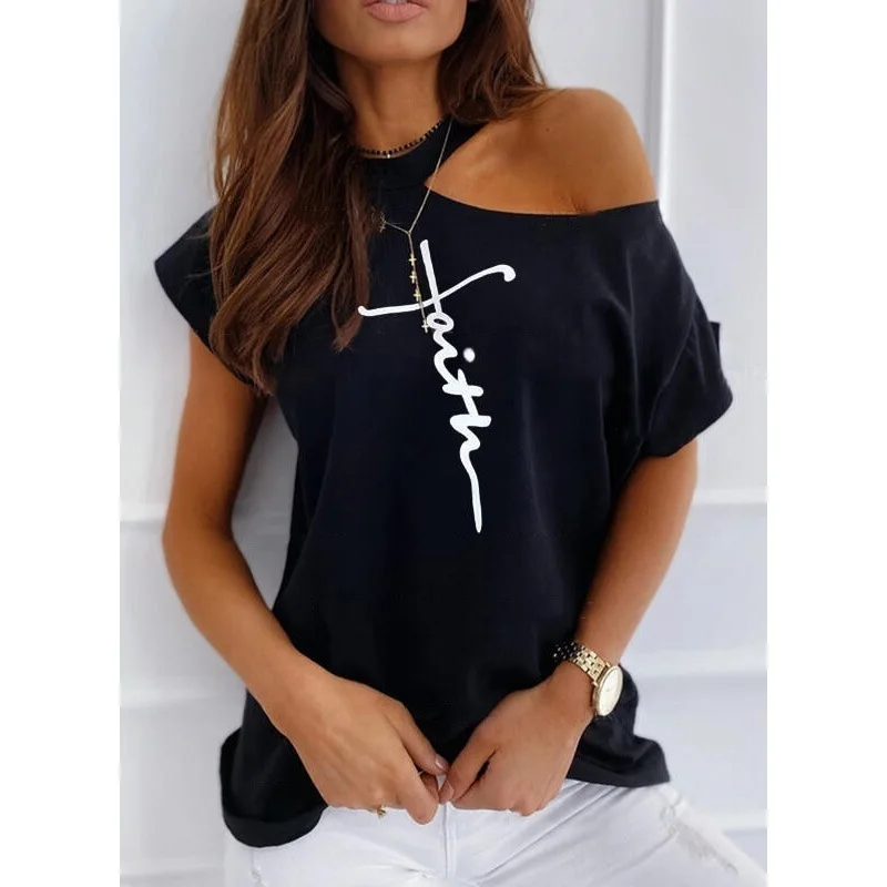 Plus Size Women Summer Letter Print T-shirt Sexy off shoulders o-neck Short-Sleeved Tshirt Fashion Lady Street Casual White Tops