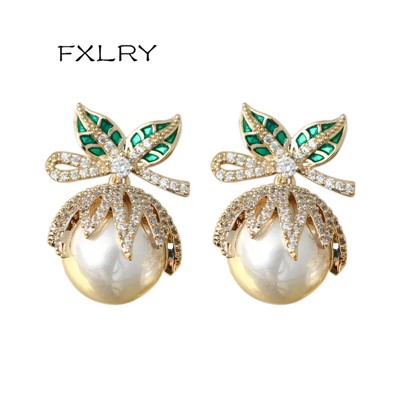 

FXLRY Elegant Simulated Pearl Zircon Flower AAA Cubic Zirconia Stud Earrings For Women jewelry