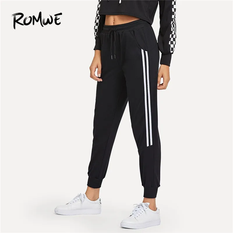 Romwe Sporty Drawstring Waist Contrast Trim Black Sweatpants Women Autumn Mid Waist Running Pants Workout Training Pants
Romwe Sporty Drawstring Waist Contrast Trim Black Sweatpants Women Autumn Mid Waist Running Pants Workout Training Pants