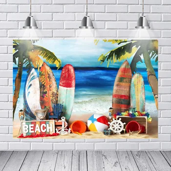 Background Photography Summer Holiday Party Blue Sea Beach Palm Tree Surf Steer Anchor Custom Photo Backdrop Background Vinyl