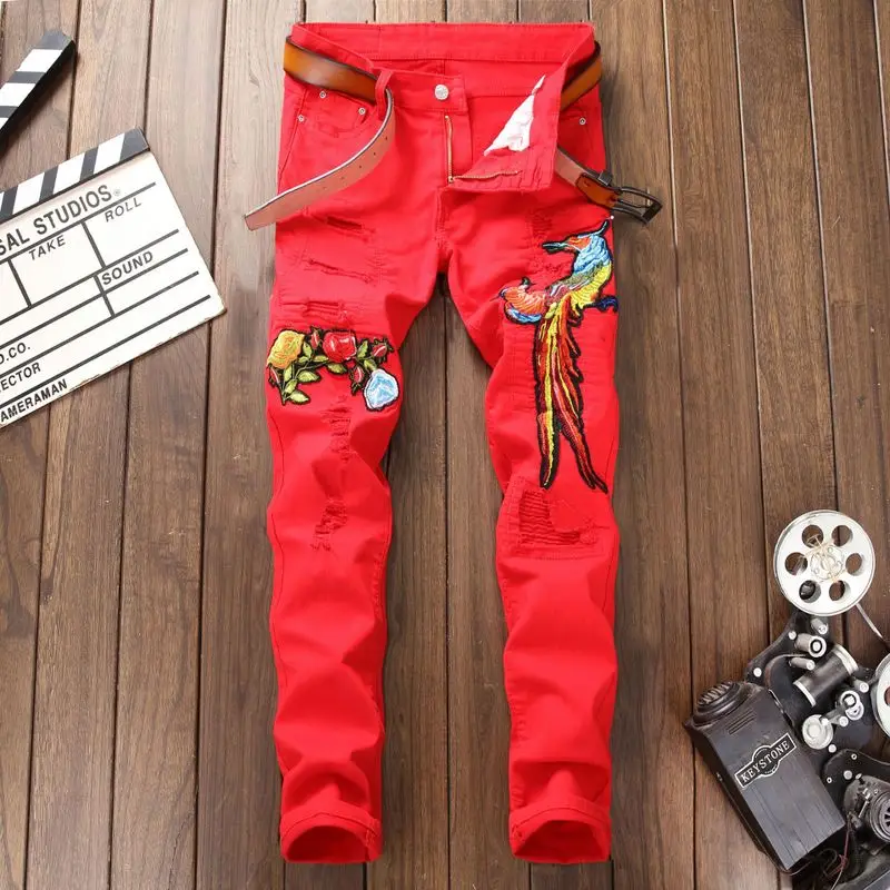 border source men's European and American style fashionable perforated jeans red elastic slim embroidered Phoenix pants
border source men's European and American style fashionable perforated jeans red elastic slim embroidered Phoenix pants