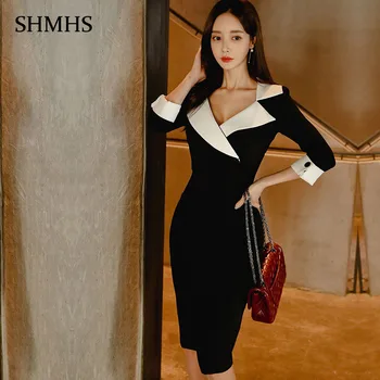 Elegant Tight Office Lady Dress 2020 Spring Suit Collar High Waist 3/4 Sleeve Simple Black White Stitching Women's Party Dresses
Elegant Tight Office Lady Dress 2020 Spring Suit Collar High Waist 3/4 Sleeve Simple Black White Stitching Women's Party Dresses
