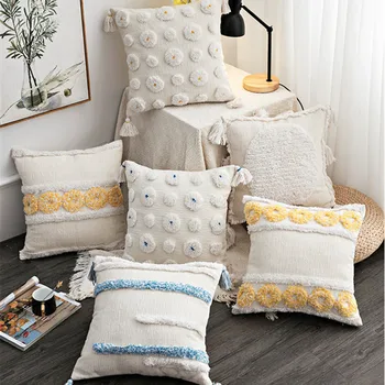 

Yellow Blue Daisy Flowers Embroidery Cushion Cover Moroccan Pillowcase Tassels Fringe Rectangle Pillow Cover 45x45cm/30x50cm