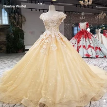 LS31045 3d flores elegante vestido de noche amarillo tapa de la manga con cuello en v lace up espalda vestido de niña preciosa con tren real como fotos 2018(China)