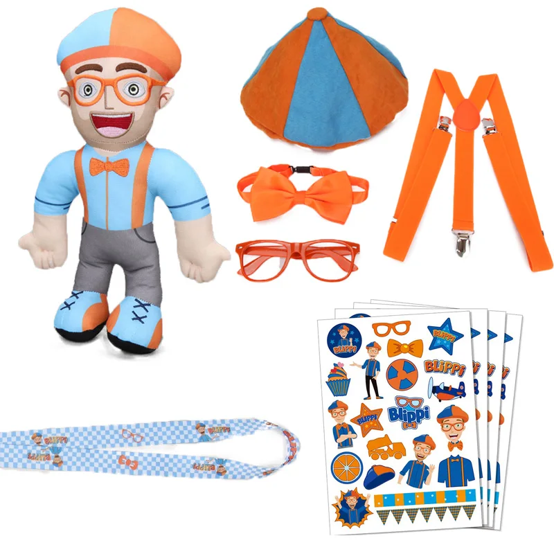 32cm Blippi Plush Toys Be Like Dress Up and Comes with Orange Bow Tie Suspenders Hats Glasses and Phone Strap Roleplay Set
32cm Blippi Plush Toys Be Like Dress Up and Comes with Orange Bow Tie Suspenders Hats Glasses and Phone Strap Roleplay Set