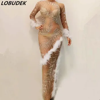 Sparkly Rhinestones Mesh Transparent Feather Dress Evening Party Singer Host See-through Long Dress Birthday Celebration Dresses
Sparkly Rhinestones Mesh Transparent Feather Dress Evening Party Singer Host See-through Long Dress Birthday Celebration Dresses