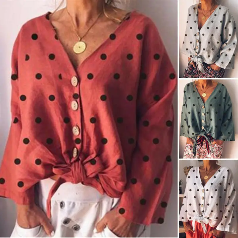 2019 Summer Womens Polka Dot Loose Tops Ladies Long Flare Sleeve Button Bandage Deep V Neck T-Shirt Plus Size
2019 Summer Womens Polka Dot Loose Tops Ladies Long Flare Sleeve Button Bandage Deep V Neck T-Shirt Plus Size