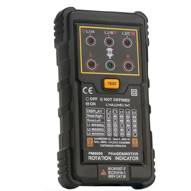 AC 120V-400V 2Hz-400Hz Three Phase Rotation Indicator Meter Phase Sequence Tester with LED Light Indicator
AC 120V-400V 2Hz-400Hz Three Phase Rotation Indicator Meter Phase Sequence Tester with LED Light Indicator